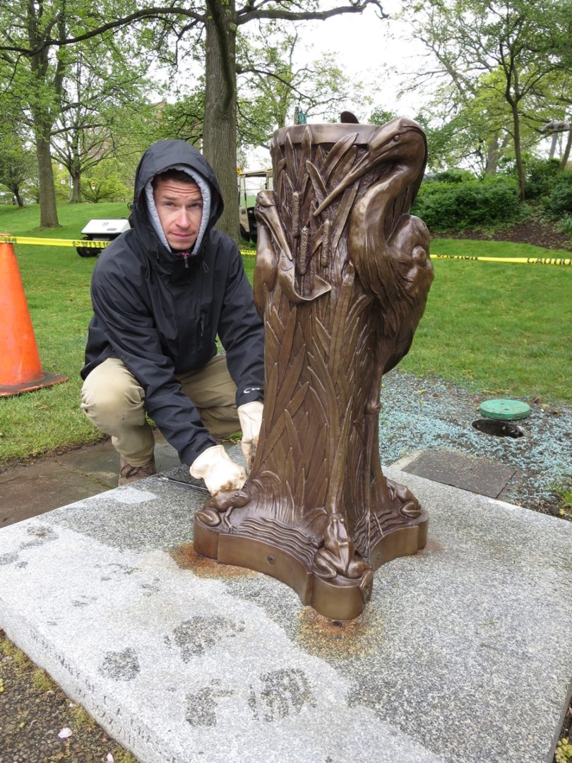 26. Installing Fountain - Cleveland Museum of Art McKay Lodge Conservation Heron Drinking Fountain Reproduction