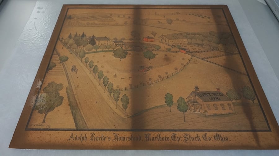Graphite and colored pencils on paper drawing of homestead in Ohio by Ferdinand Brader