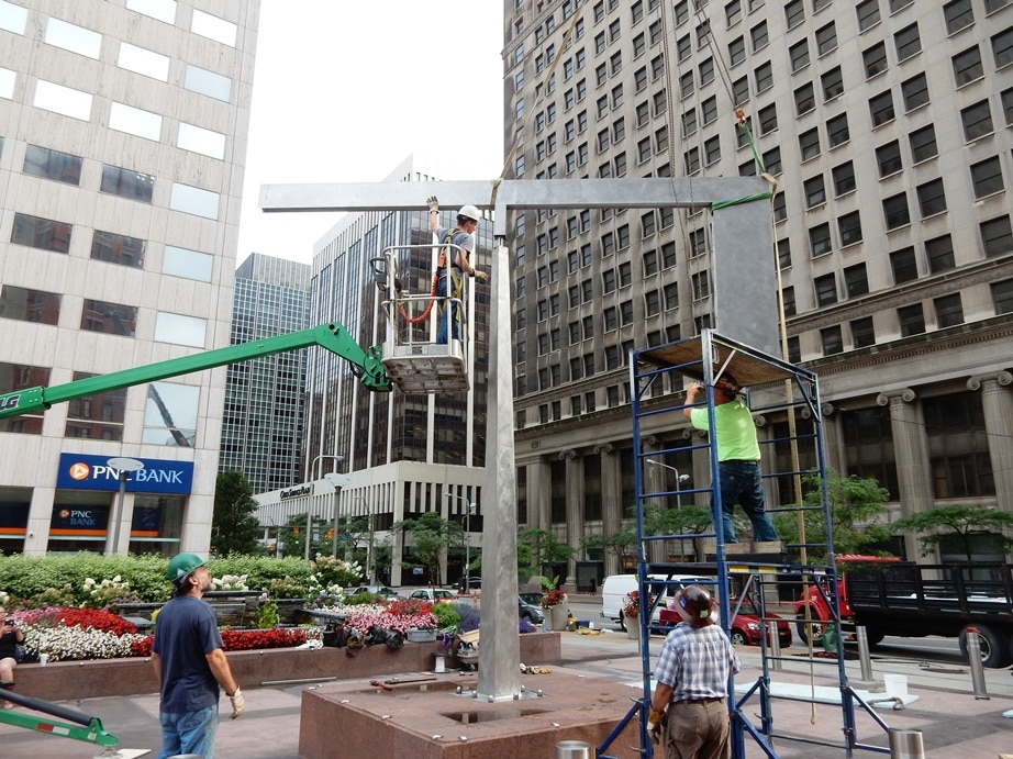 Cleveland: Installation of George Rickey's sculpture on PNC Bank's plaze after extensive conservation work by McKay Lodge Conservation Laboratory of Oberlin, Ohio.