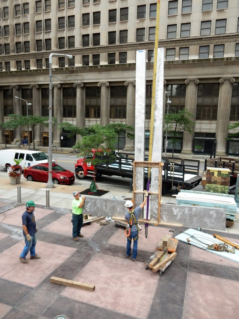 Cleveland: Installation of George Rickey's sculpture on PNC Bank's plaze after extensive conservation work by McKay Lodge Conservation Laboratory of Oberlin, Ohio.