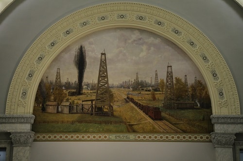 Oil paint mural titled Wood County Oil Field 1904 by I.M. Taylor